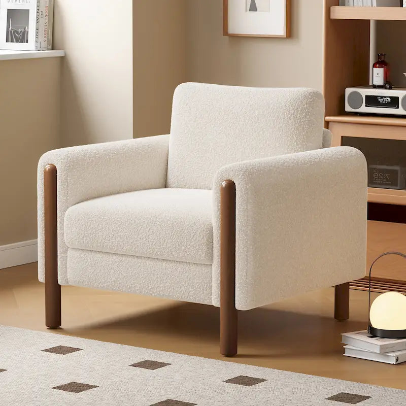33.5" Upholstered Accent Chair with Walnut Legs and Curved Armrests