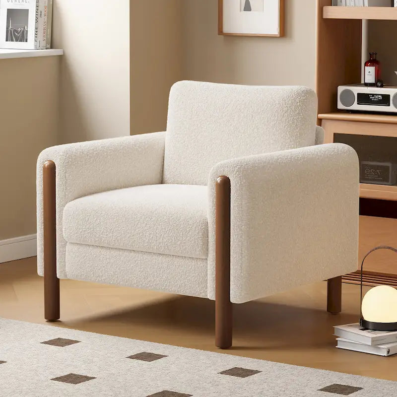 White 33.5 Upholstered Accent Chair with Walnut Legs and Curved Handrail