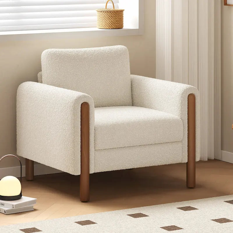 33.5" Upholstered Accent Chair with Walnut Legs and Curved Armrests