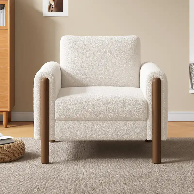33.5" Upholstered Accent Chair with Walnut Legs and Curved Armrests