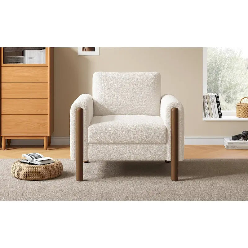 33.5" Upholstered Accent Chair with Walnut Legs and Curved Armrests