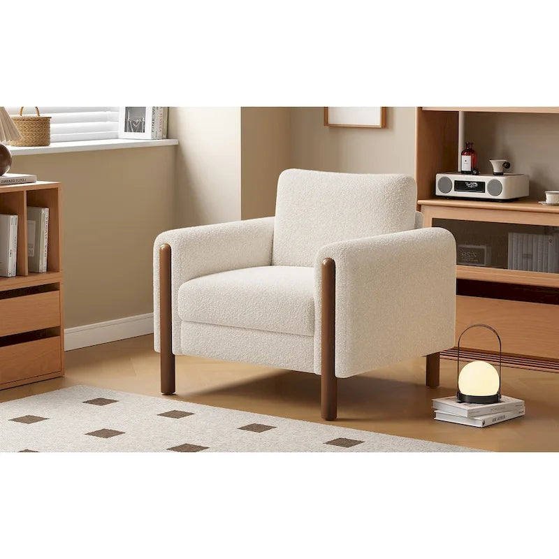 33.5" Upholstered Accent Chair with Walnut Legs and Curved Armrests