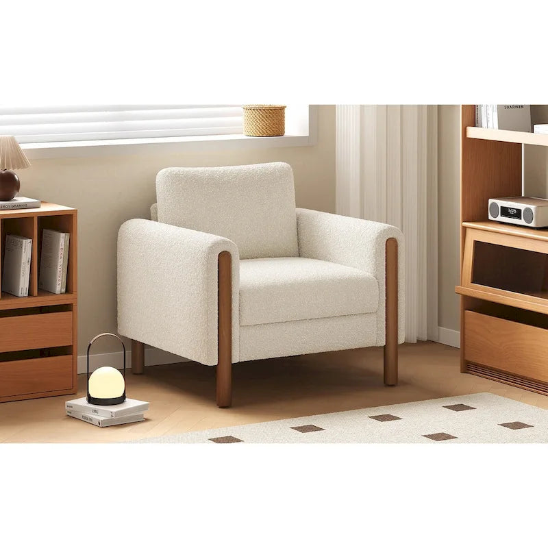 33.5" Upholstered Accent Chair with Walnut Legs and Curved Armrests