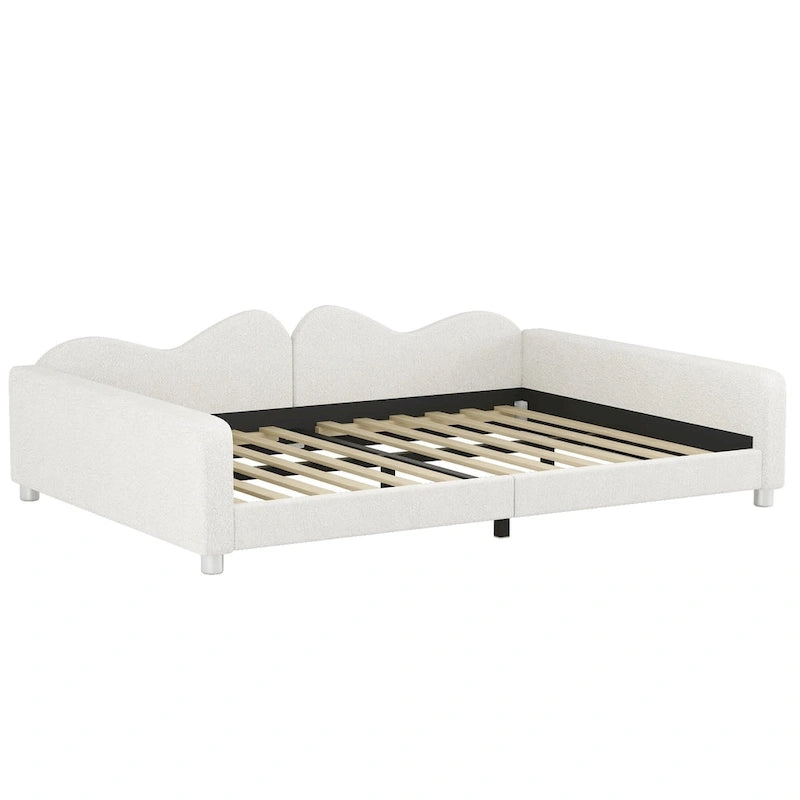Full Size Upholstered Daybed with Cloud-Shaped Backrest, Sherpa Fabric, No Box Spring Needed