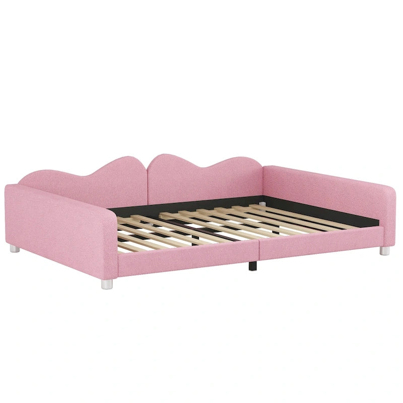 Full Size Upholstered Daybed with Cloud-Shaped Backrest, Sherpa Fabric, No Box Spring Needed