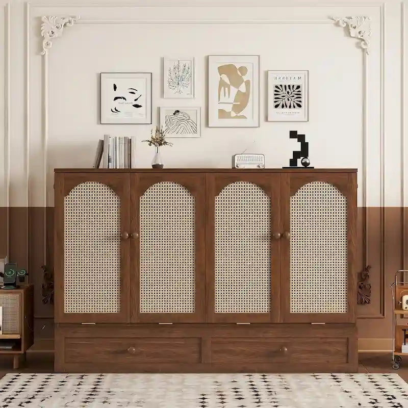 Queen Size Folding Murphy Bed with Power Station, Drawer & Rattan Panel