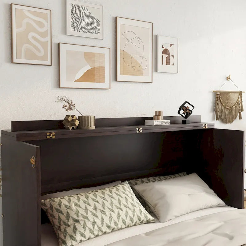Queen Size Folding Murphy Bed with Power Station, Drawer & Rattan Panel