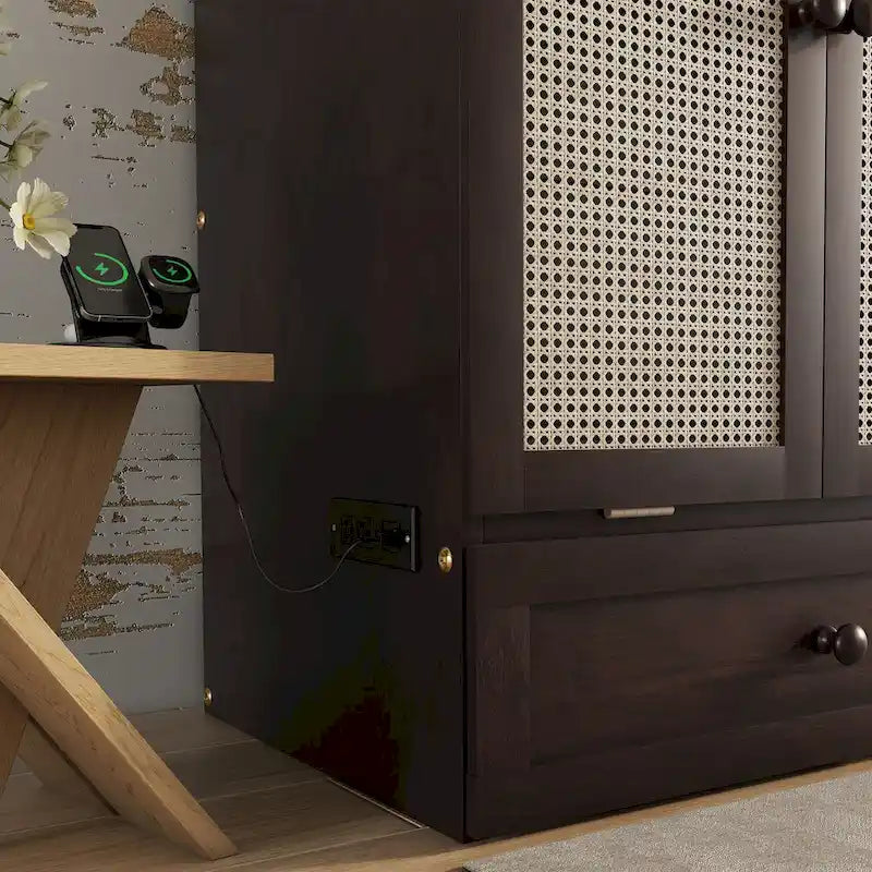 Queen Size Folding Murphy Bed with Power Station, Drawer & Rattan Panel