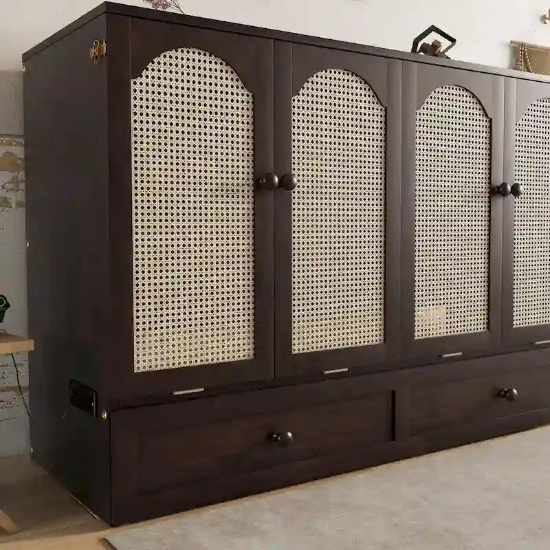 Queen Size Folding Murphy Bed with Power Station, Drawer & Rattan Panel
