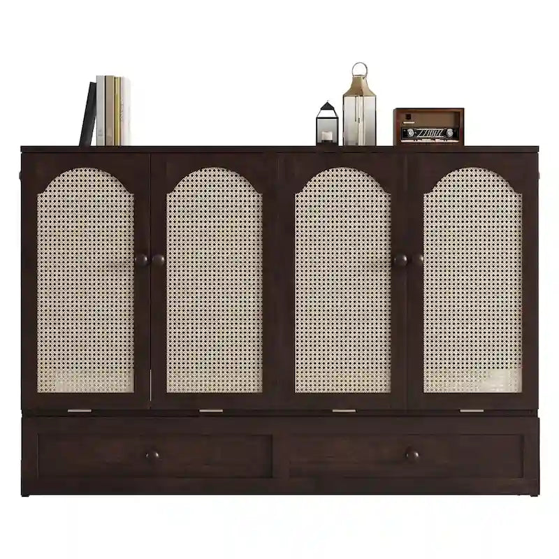 Queen Size Folding Murphy Bed with Power Station, Drawer & Rattan Panel