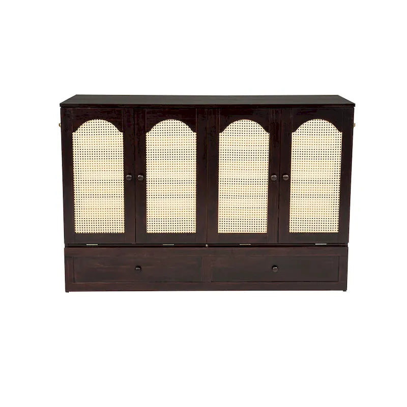 Queen Size Folding Murphy Bed with Power Station, Drawer & Rattan Panel