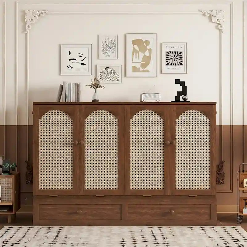 Queen Size Folding Murphy Bed with Power Station, Drawer & Rattan Panel