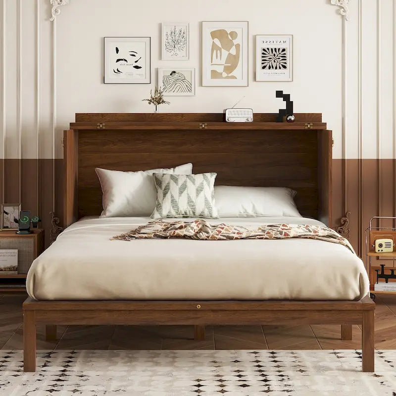 Queen Size Folding Murphy Bed with Power Station, Drawer & Rattan Panel