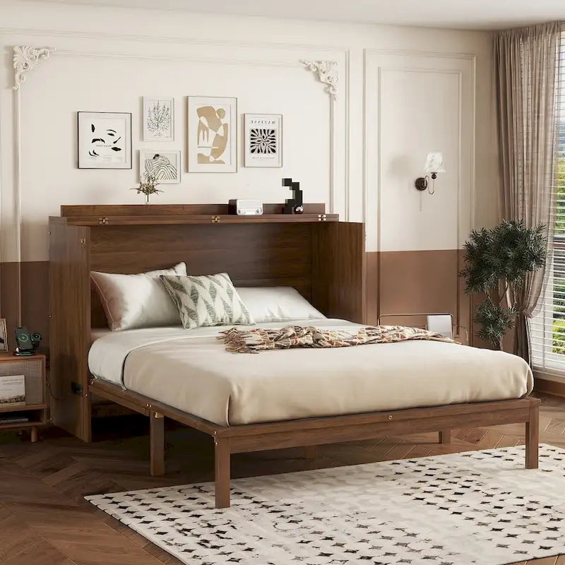 Queen Size Folding Murphy Bed with Power Station, Drawer & Rattan Panel