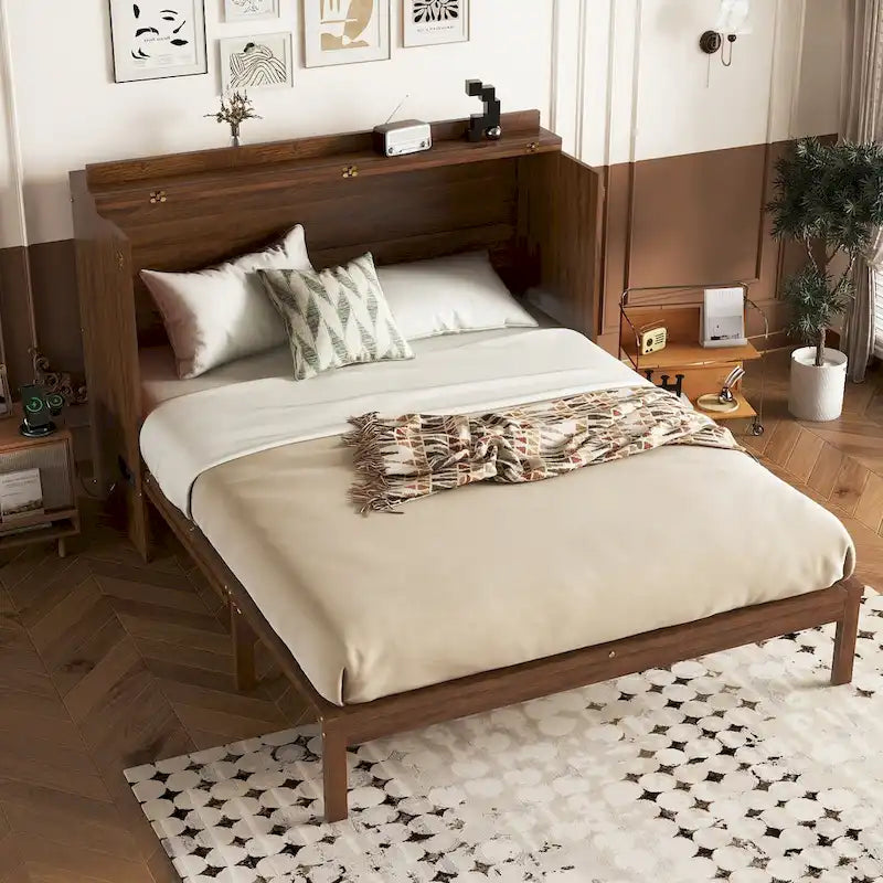 Queen Size Folding Murphy Bed with Power Station, Drawer & Rattan Panel