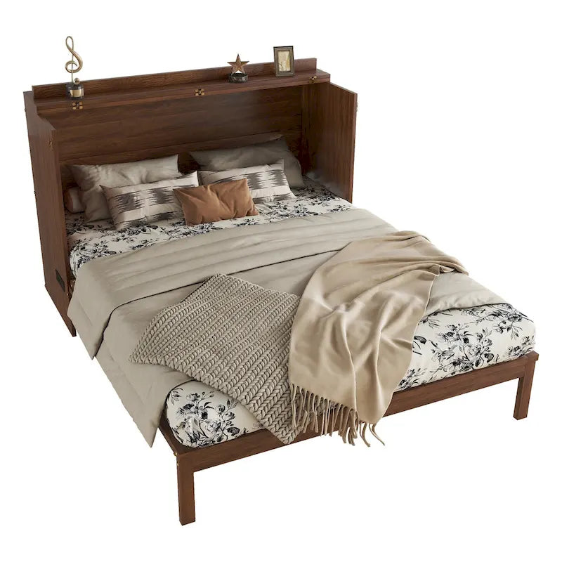 Queen Size Folding Murphy Bed with Power Station, Drawer & Rattan Panel