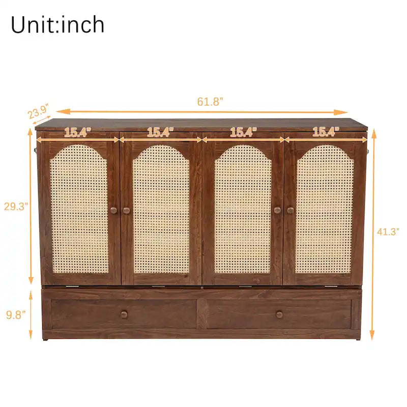 Queen Size Folding Murphy Bed with Power Station, Drawer & Rattan Panel