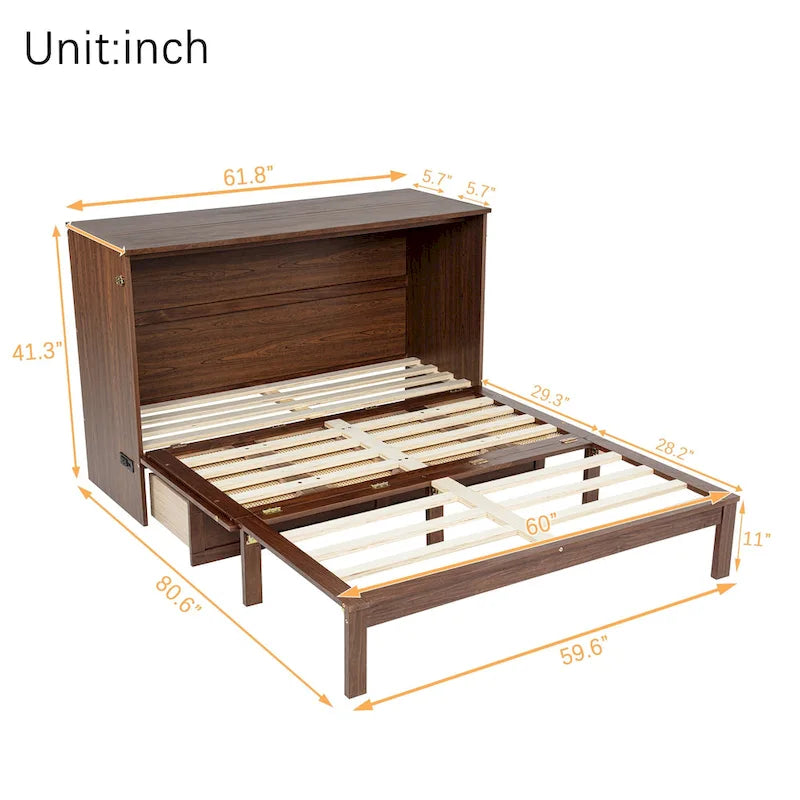 Queen Size Folding Murphy Bed with Power Station, Drawer & Rattan Panel
