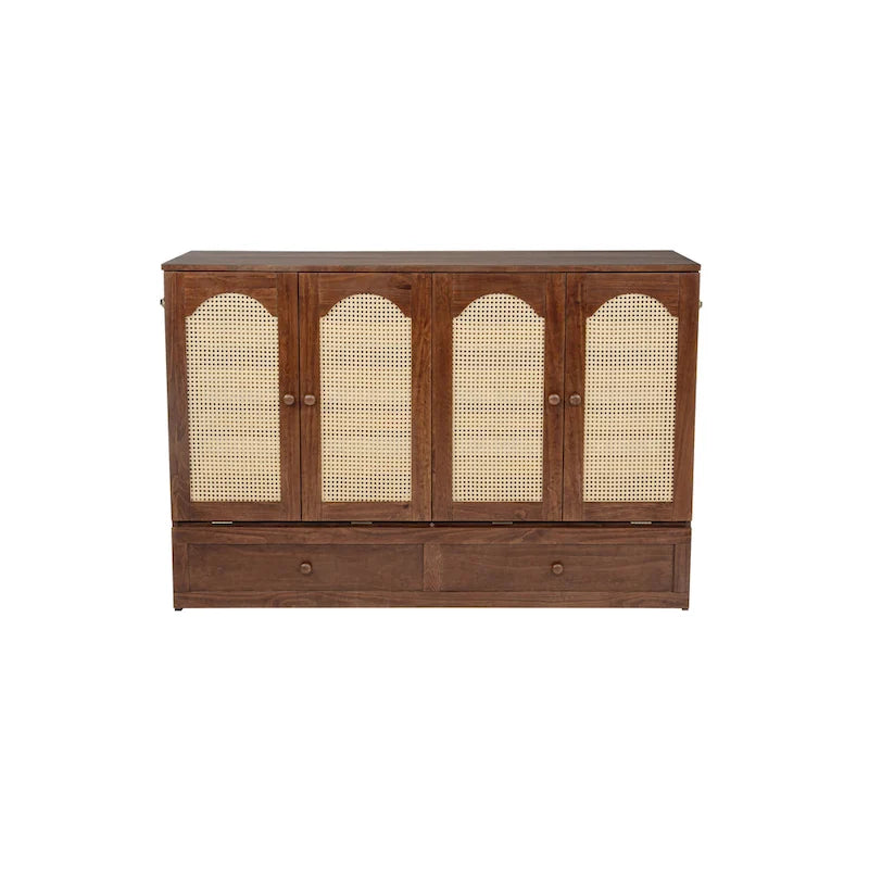 Queen Size Folding Murphy Bed with Power Station, Drawer & Rattan Panel