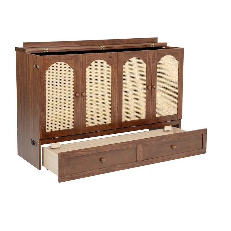 Queen Size Folding Murphy Bed with Power Station, Drawer & Rattan Panel