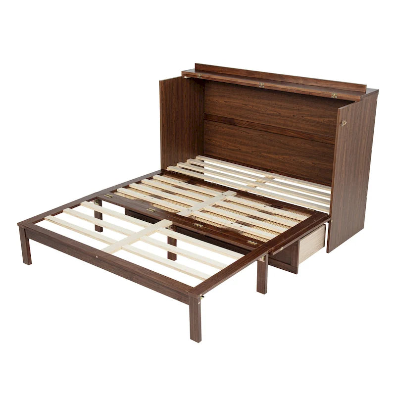Queen Size Folding Murphy Bed with Power Station, Drawer & Rattan Panel
