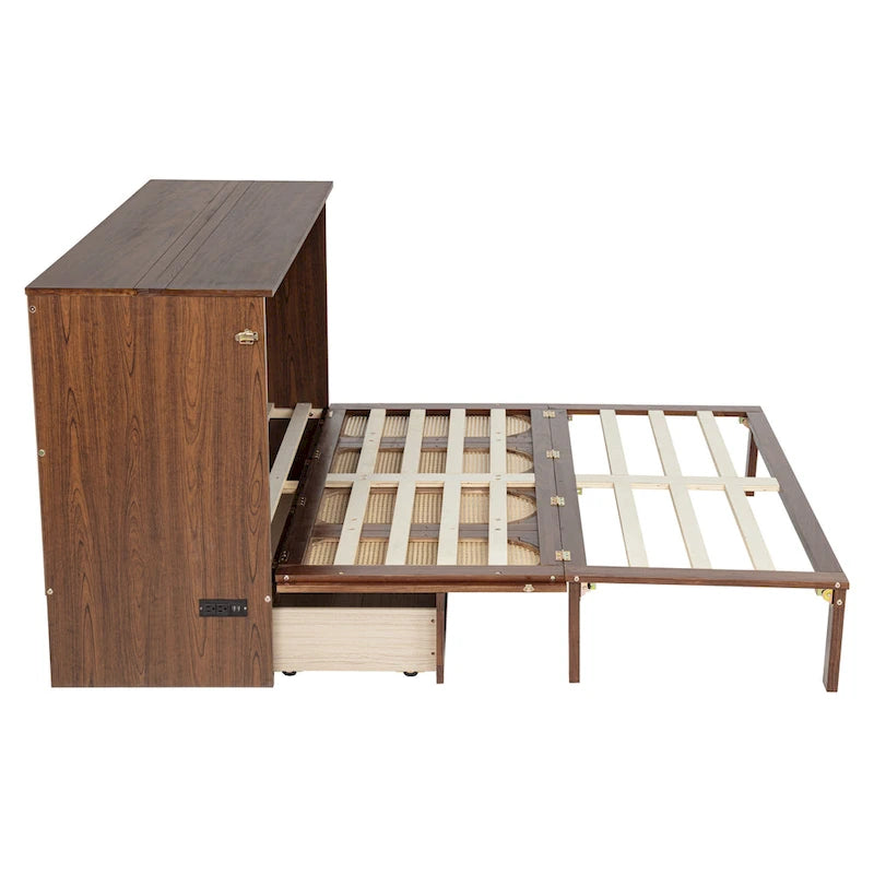 Queen Size Folding Murphy Bed with Power Station, Drawer & Rattan Panel