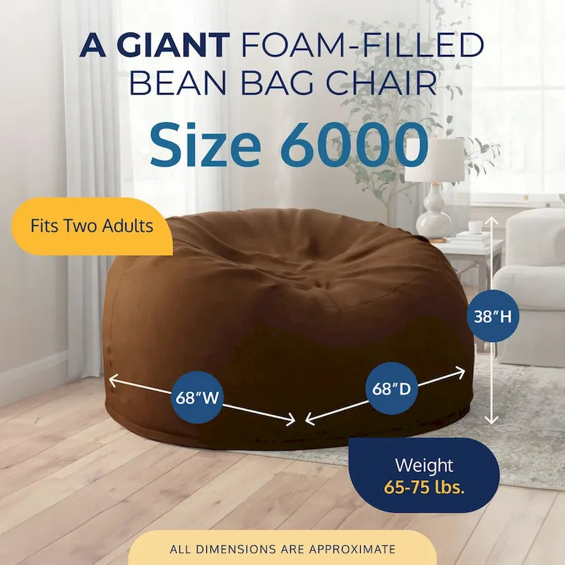 6ft Bean Bag Chair and Footstool, Oversized Lounger, Brown Suede