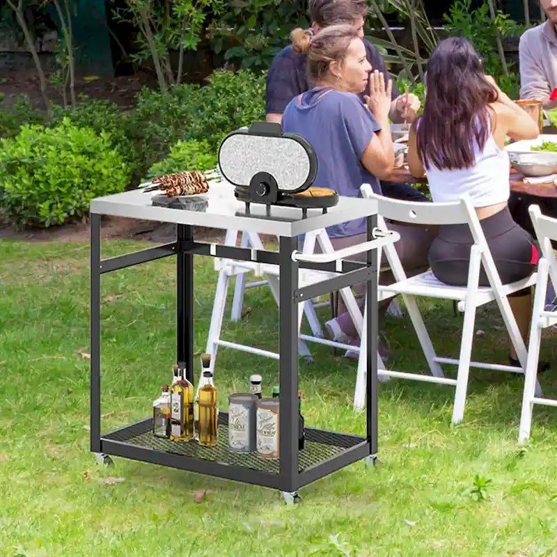 2-Tier Stainless Steel Grill Cart with Wheels and 4 Hooks