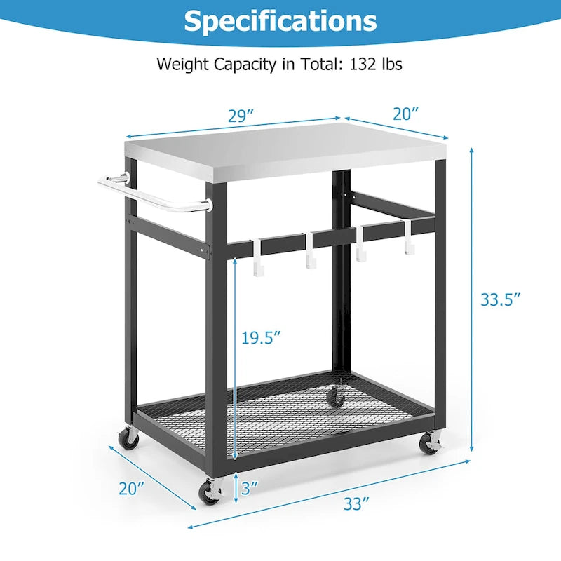 2-Tier Stainless Steel Grill Cart with Wheels and 4 Hooks