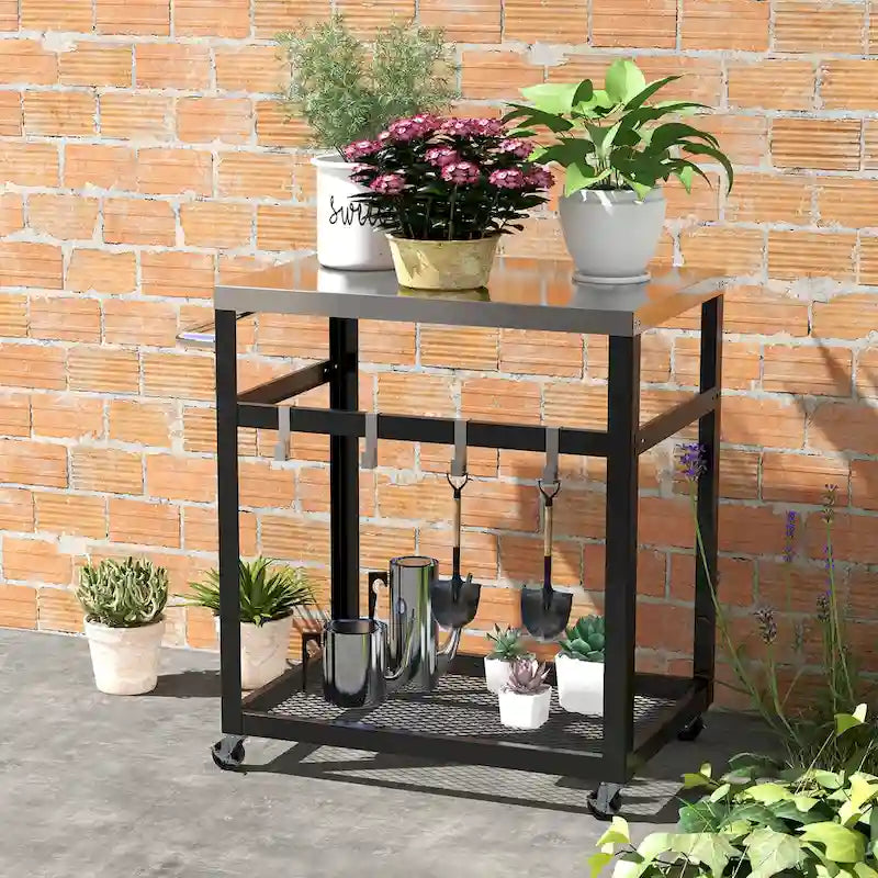 2-Tier Stainless Steel Grill Cart with Wheels and 4 Hooks
