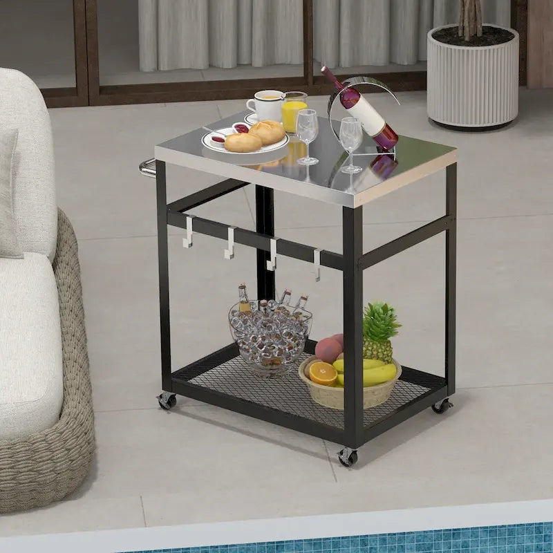 2-Tier Stainless Steel Grill Cart with Wheels and 4 Hooks