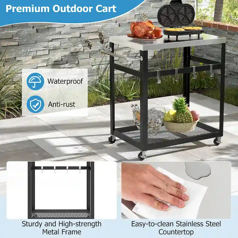 2-Tier Stainless Steel Grill Cart with Wheels and 4 Hooks