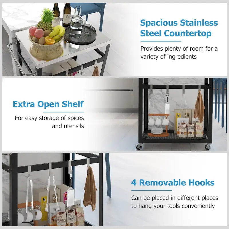 2-Tier Stainless Steel Grill Cart with Wheels and 4 Hooks