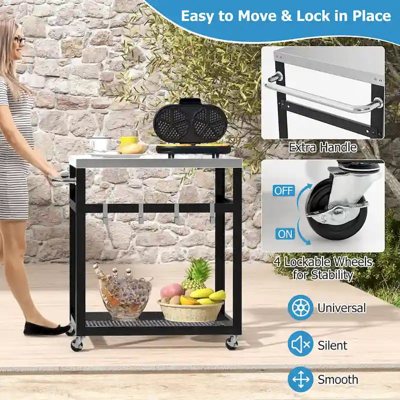 2-Tier Stainless Steel Grill Cart with Wheels and 4 Hooks