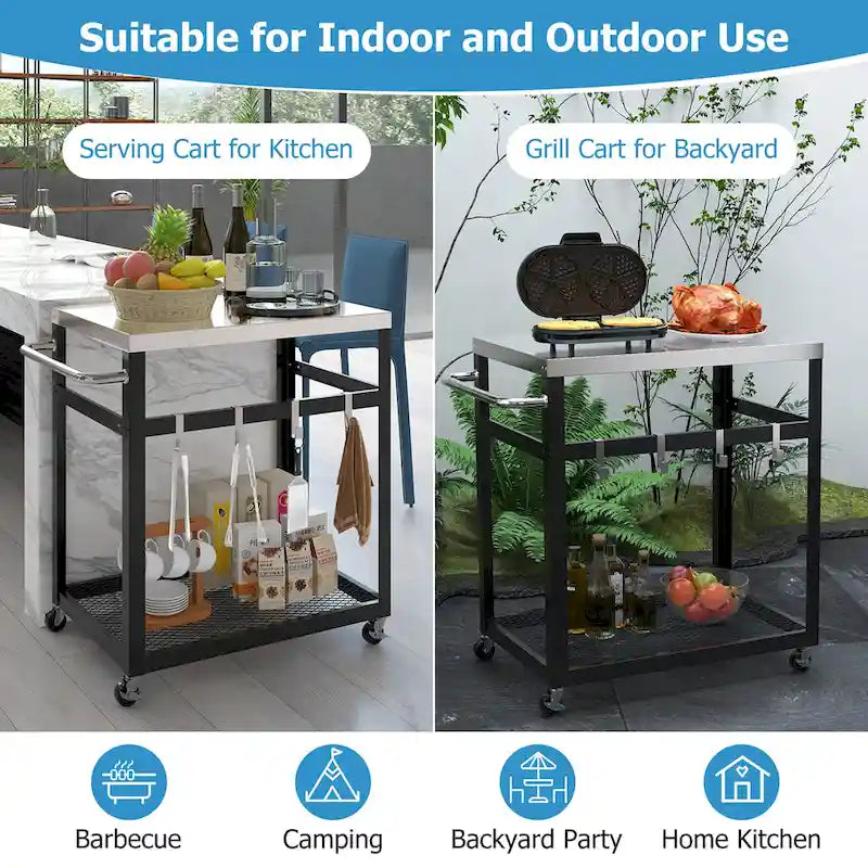 2-Tier Stainless Steel Grill Cart with Wheels and 4 Hooks