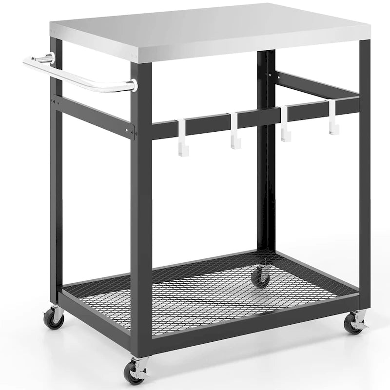 2-Tier Stainless Steel Grill Cart with Wheels and 4 Hooks