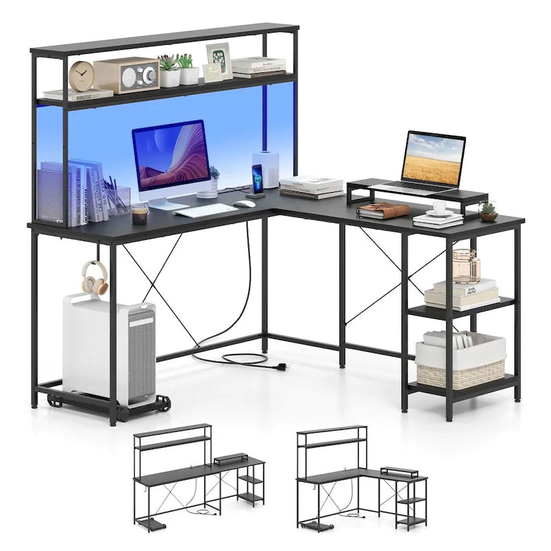 L-Shaped Gaming Desk with LED Strip & Power Outlets Hutch