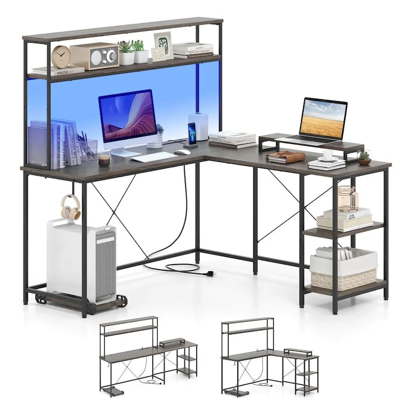 L-Shaped Gaming Desk with LED Strip & Power Outlets Hutch