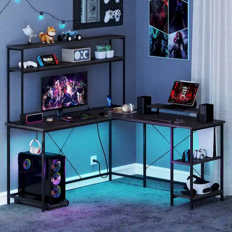 L-Shaped Gaming Desk with LED Strip & Power Outlets Hutch