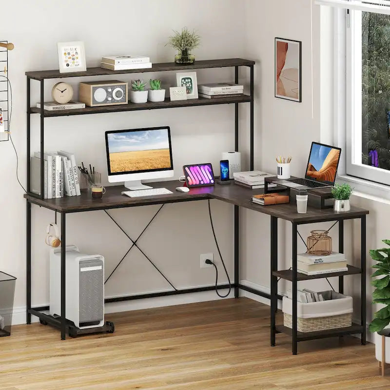 L-Shaped Gaming Desk with LED Strip & Power Outlets Hutch