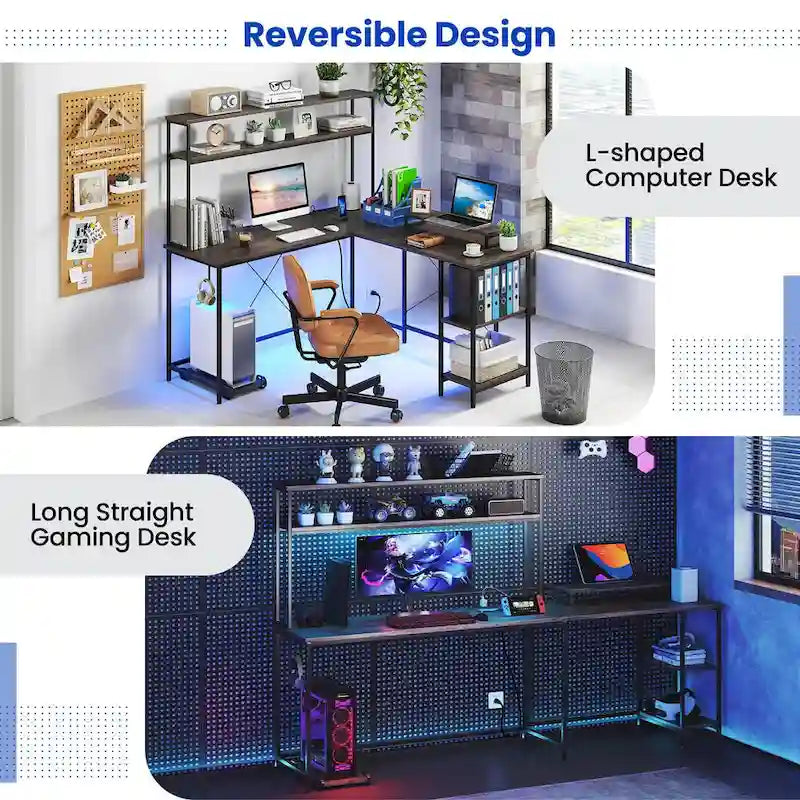 L-Shaped Gaming Desk with LED Strip & Power Outlets Hutch