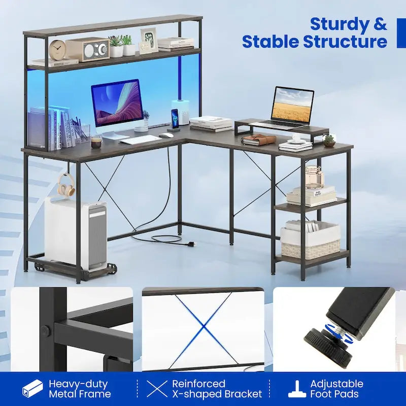 L-Shaped Gaming Desk with LED Strip & Power Outlets Hutch