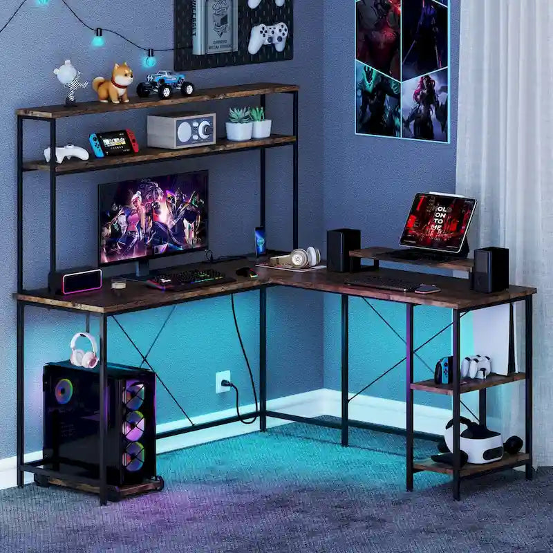 L-Shaped Gaming Desk with LED Strip & Power Outlets Hutch