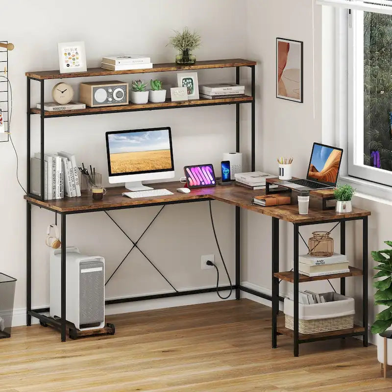 L-Shaped Gaming Desk with LED Strip & Power Outlets Hutch