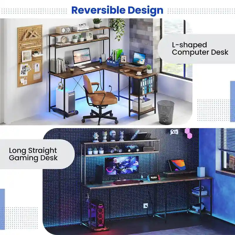 L-Shaped Gaming Desk with LED Strip & Power Outlets Hutch