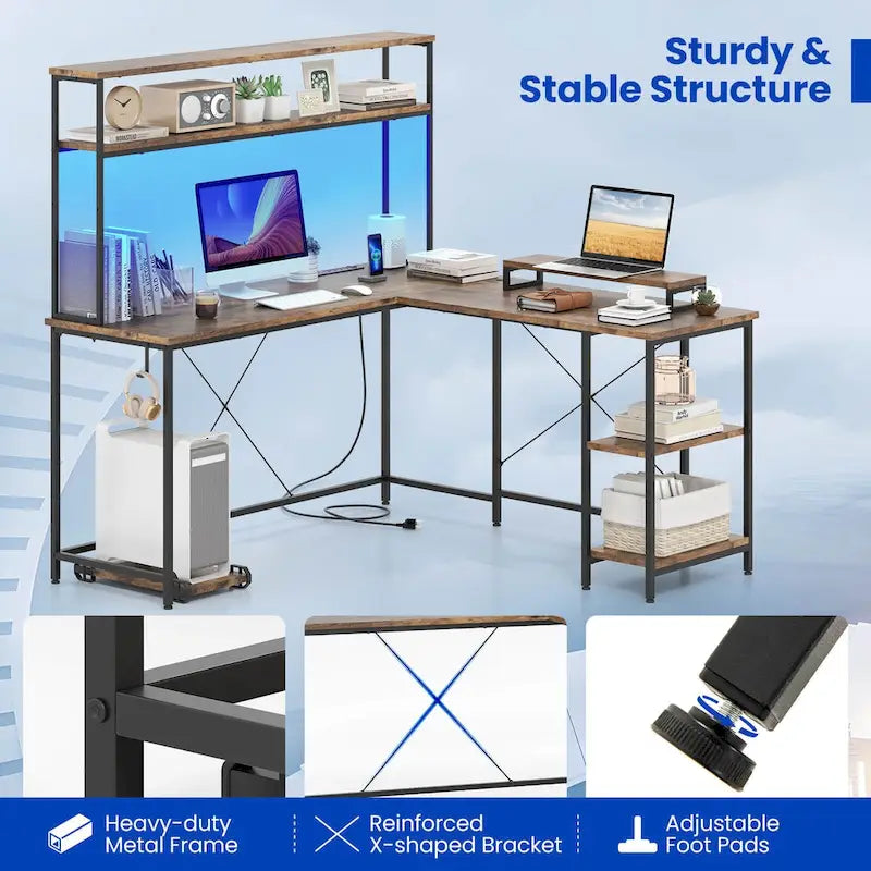 L-Shaped Gaming Desk with LED Strip & Power Outlets Hutch