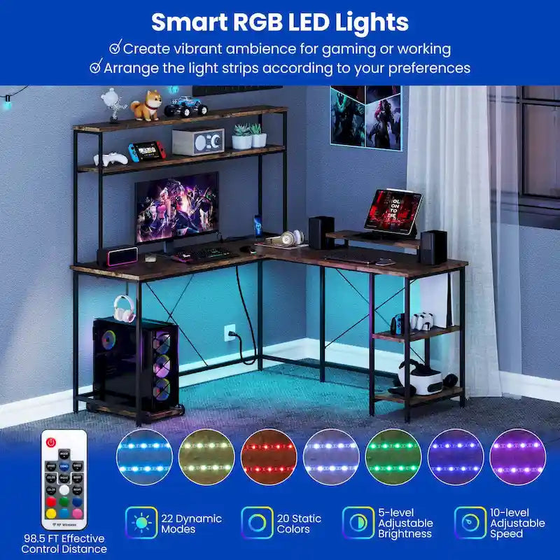 L-Shaped Gaming Desk with LED Strip & Power Outlets Hutch