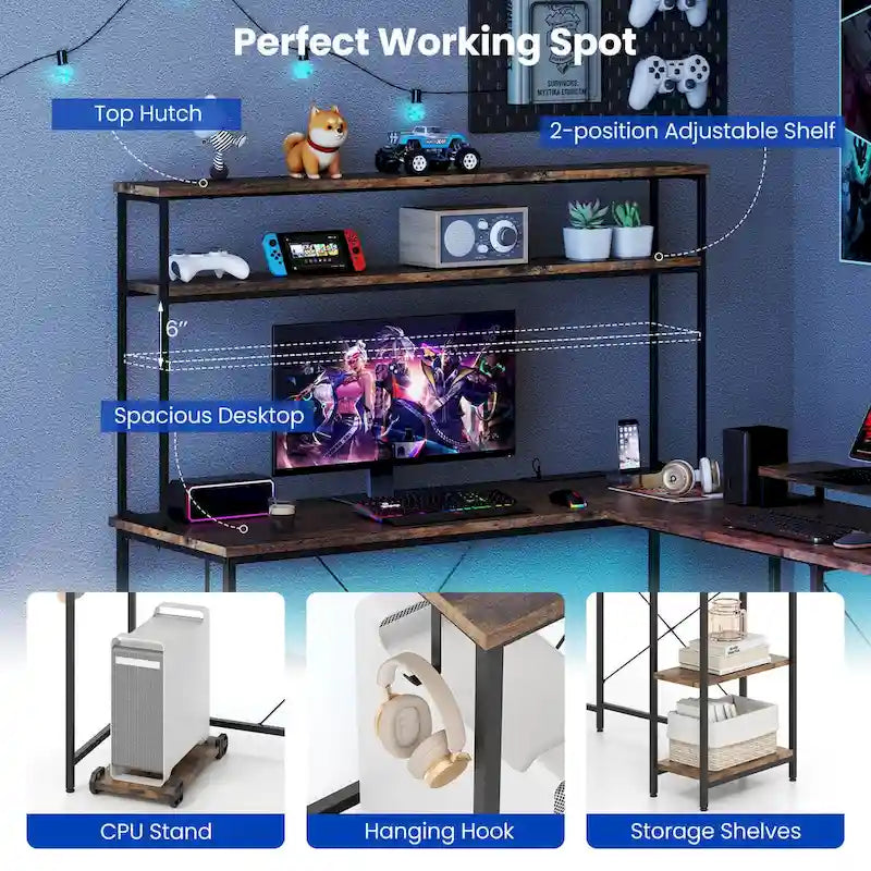 L-Shaped Gaming Desk with LED Strip & Power Outlets Hutch