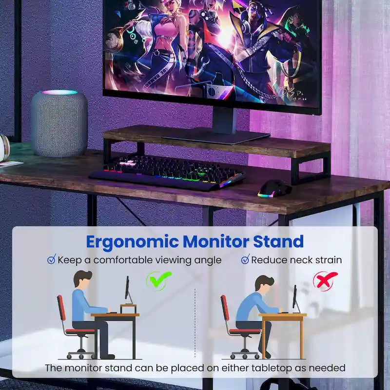 L-Shaped Gaming Desk with LED Strip & Power Outlets Hutch