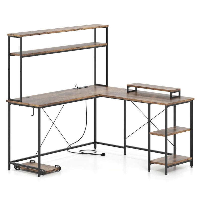 L-Shaped Gaming Desk with LED Strip & Power Outlets Hutch